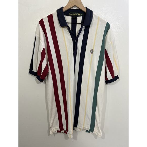 Vtg Equestrian Crest Embroidery Stripe Polo XL Preppy Rugby Golf Nautical Resort - Picture 1 of 13